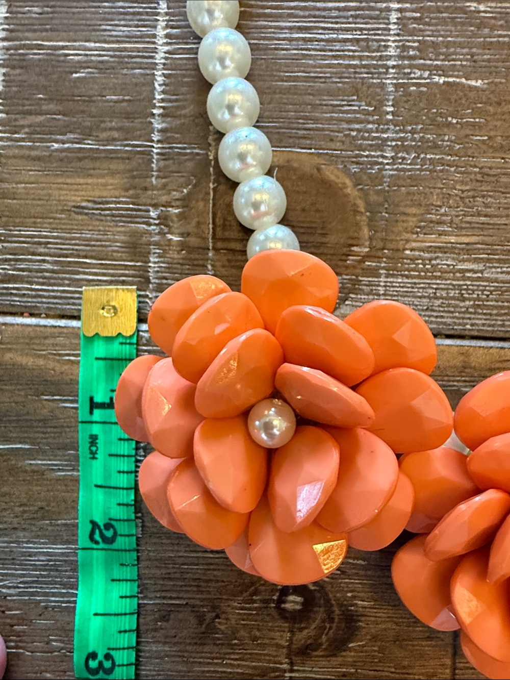 Bold Orange Lucite Floral Statement Necklace with Pearl Accents Vintage - Picture 4 of 5
